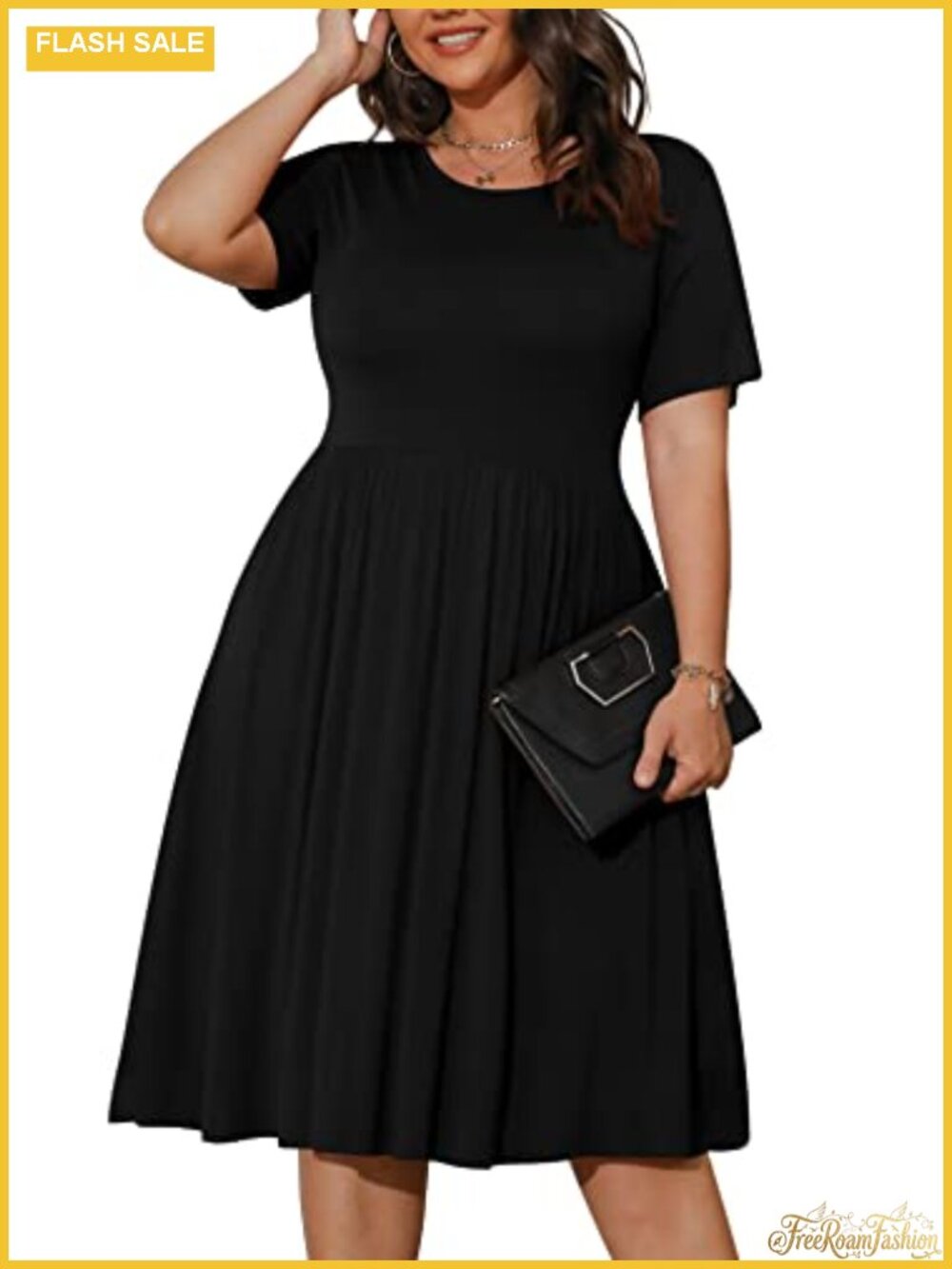 Plus Size Midi Dress with Pockets Empire Waist Short Sleeve Rayon Spandex
